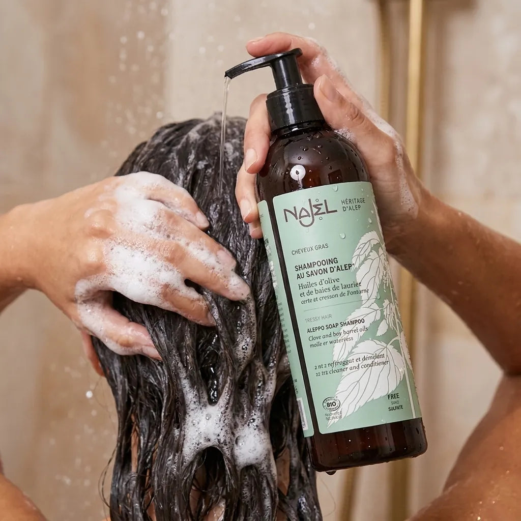 Shampooing Savon d'Alep Najel bio appliqué sur cheveux mouillés avec mousse et massage du cuir chevelu