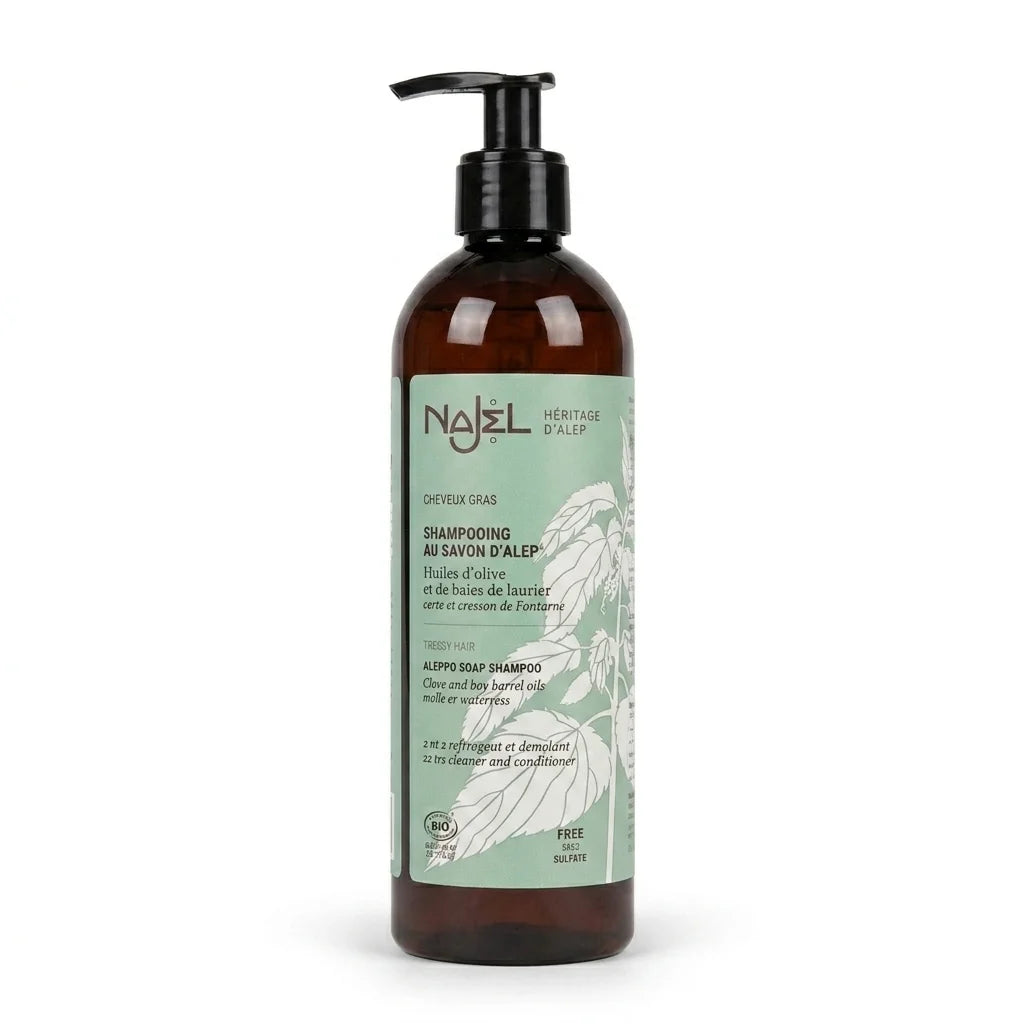 Shampooing Savon d'Alep Najel bio en flacon verre pour cheveux gras