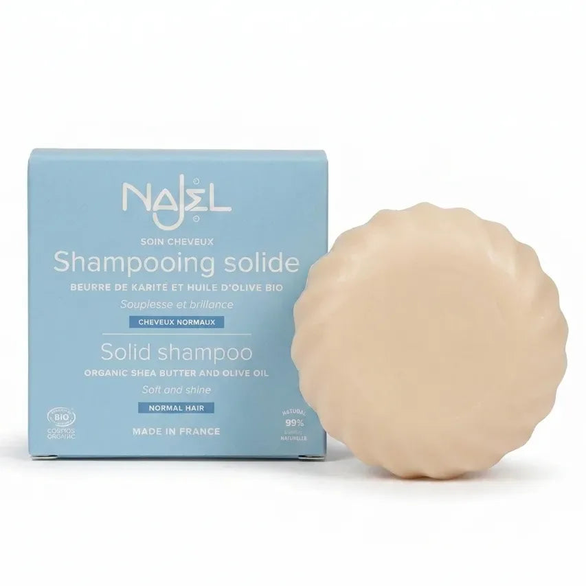Shampooing solide bio Najel en barre circulaire beige, certifié naturel et écologique
