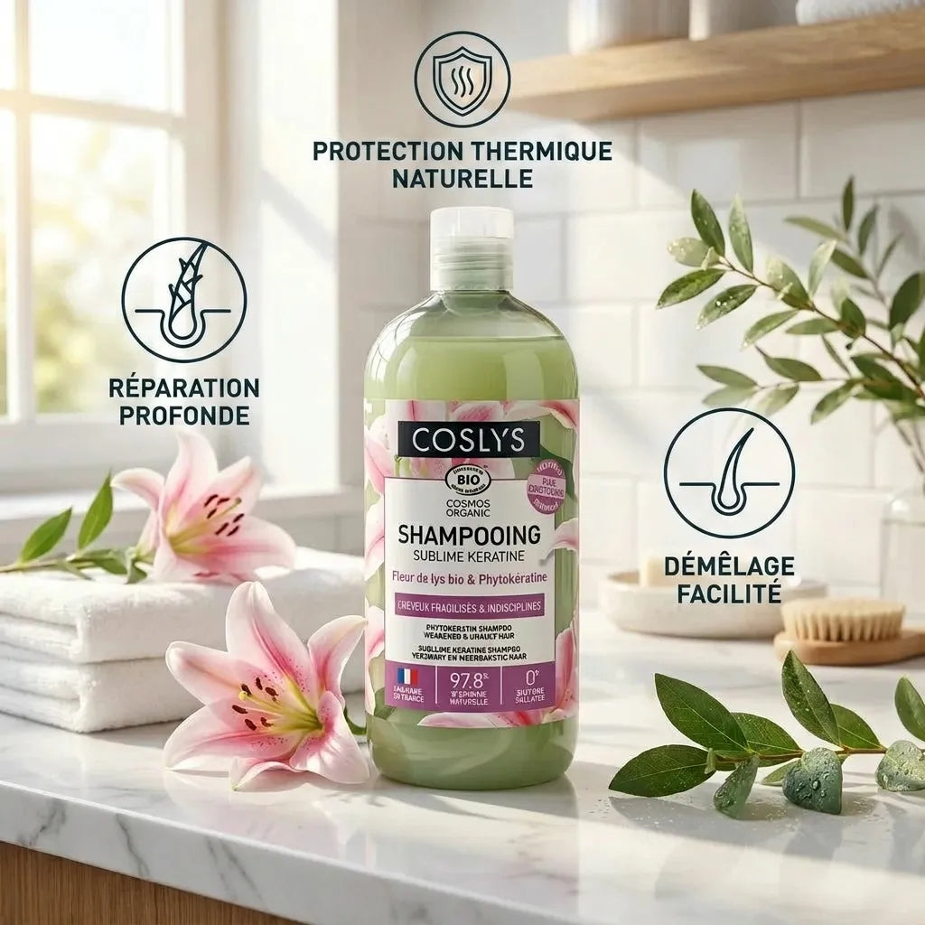 Shampooing Coslys Kératine bio 500ml avec bénéfices réparation et protection thermique