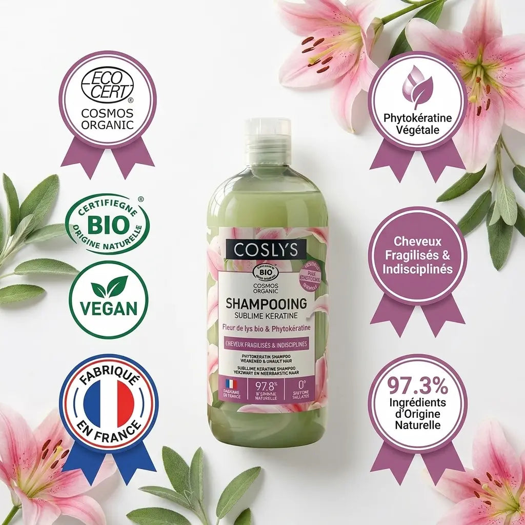 Shampooing bio Coslys Kératine 500ml certifié avec badges écocert et ingrédients naturels