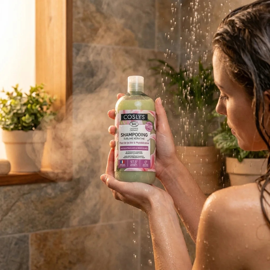 Shampooing Kératine bio Coslys 500ml appliqué sur cheveux mouillés sous la douche en salle de bain luxe