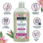 Shampooing Sublime Kératine Coslys bio avec infographie bénéfices : cheveux renforcés, brillance, sans sulfate