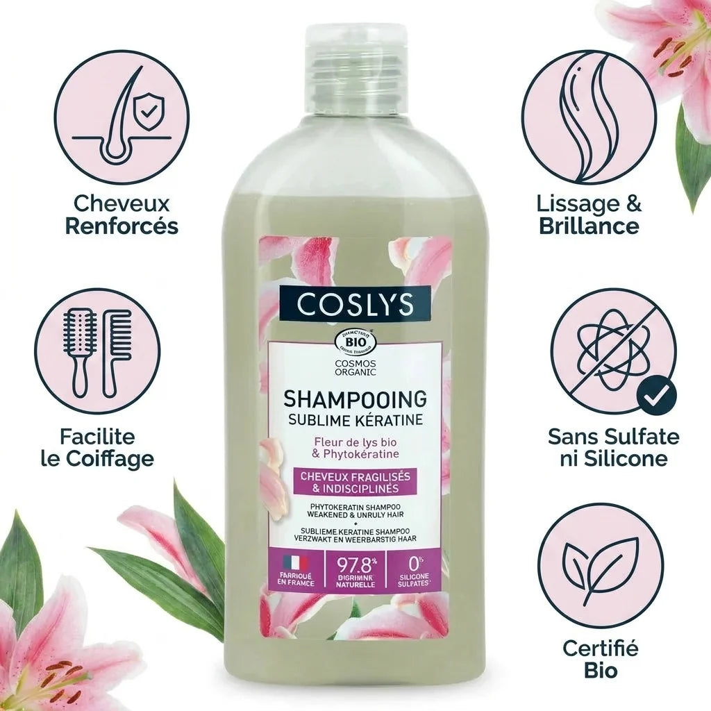 Shampooing Sublime Kératine Coslys bio avec infographie bénéfices : cheveux renforcés, brillance, sans sulfate