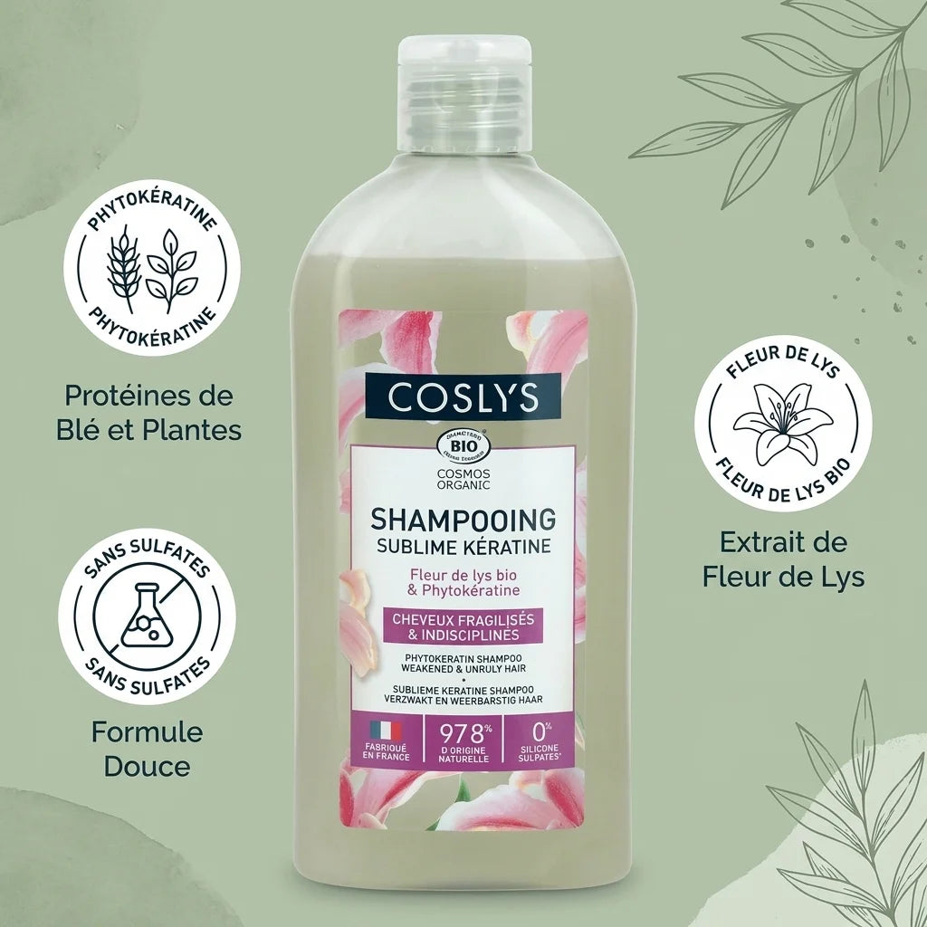 Shampooing Kératine bio Coslys avec ingrédients naturels et certification sans sulfates
