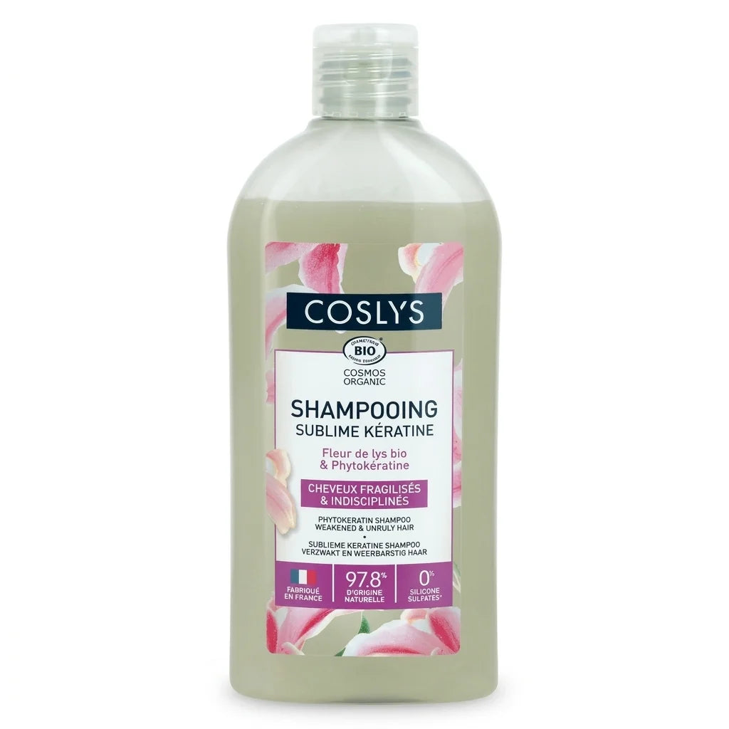 Shampooing Sublime Kératine bio Coslys bouteille sur fond blanc