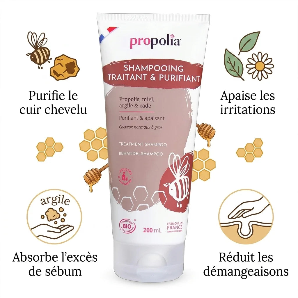 Shampooing Bio Propolis Miel Argile Propolia avec bénéfices : purifie, apaise irritations, absorbe sébum