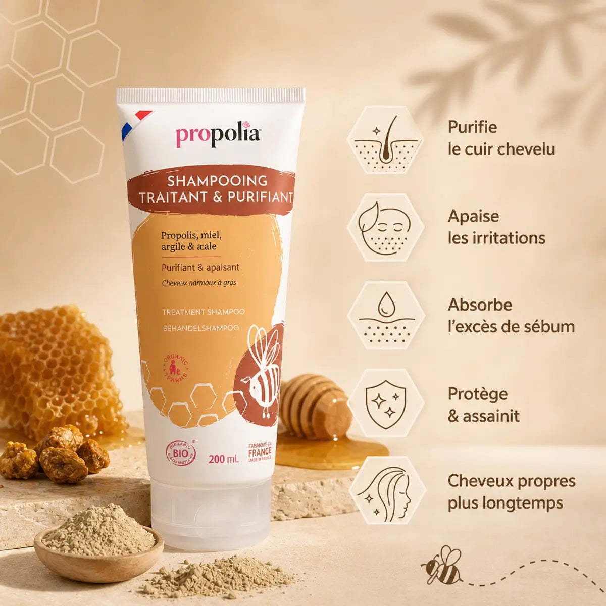 Shampooing Bio Propolis Propolia avec ses bénéfices : purifie cuir chevelu, apaise irritations, absorbe sébum