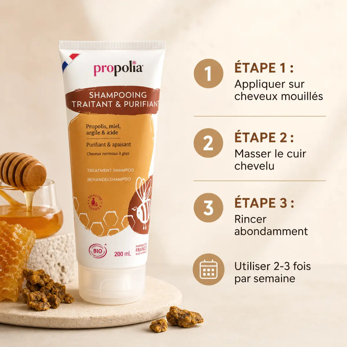 Shampooing bio Propolia à la propolis et miel avec mode d'emploi en 3 étapes sur fond crème
