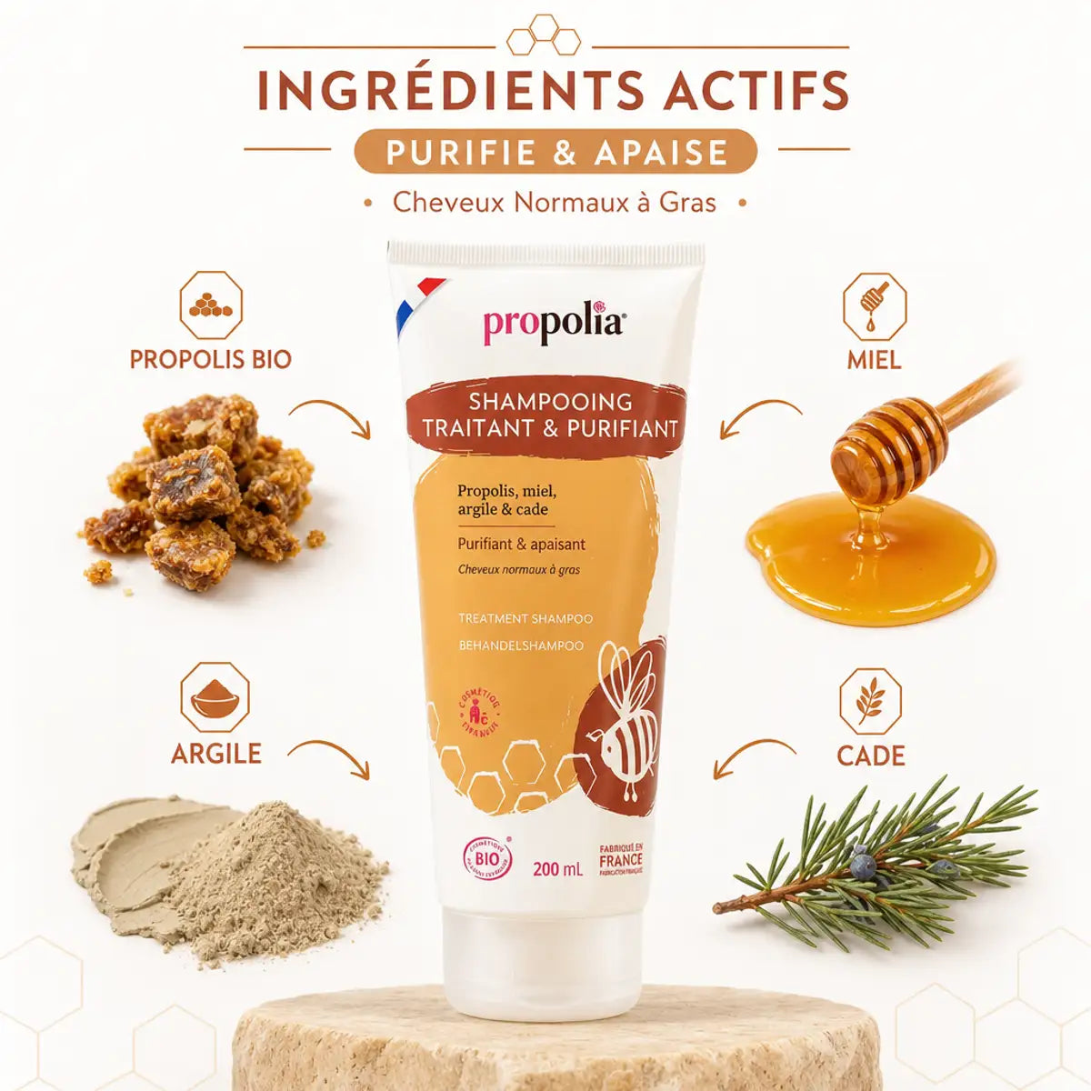 Shampooing Bio Propolis Miel Argile Propolia avec ingrédients actifs et bénéfices cheveux