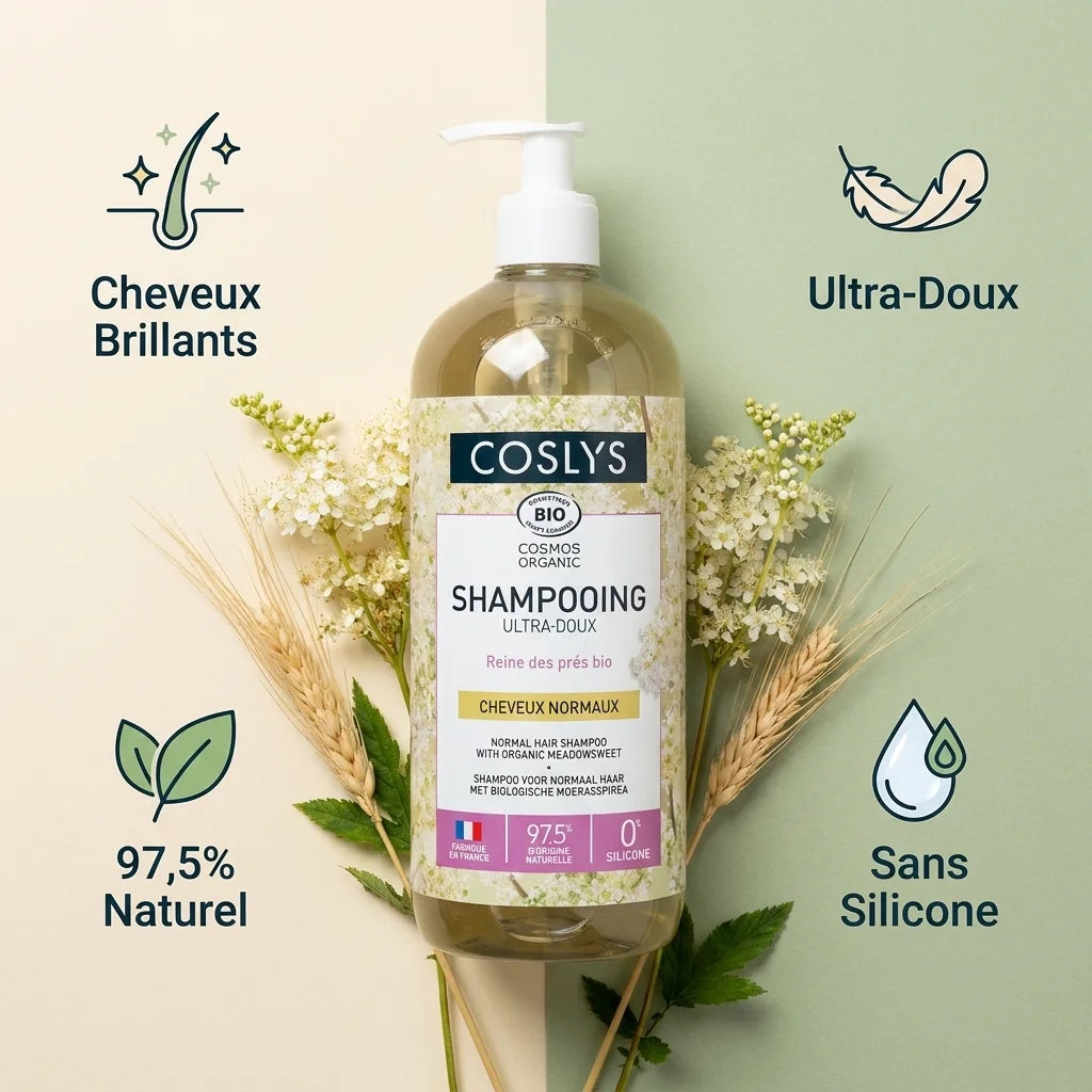 Shampooing Coslys Ultra-doux bio certifié, fleurs naturelles, 97,5% naturel sans silicone