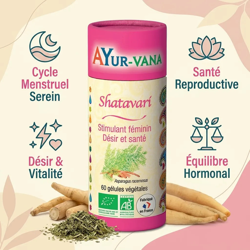 Shatavari bio gélules Ayur-Vana avec bénéfices santé reproductive et équilibre hormonal