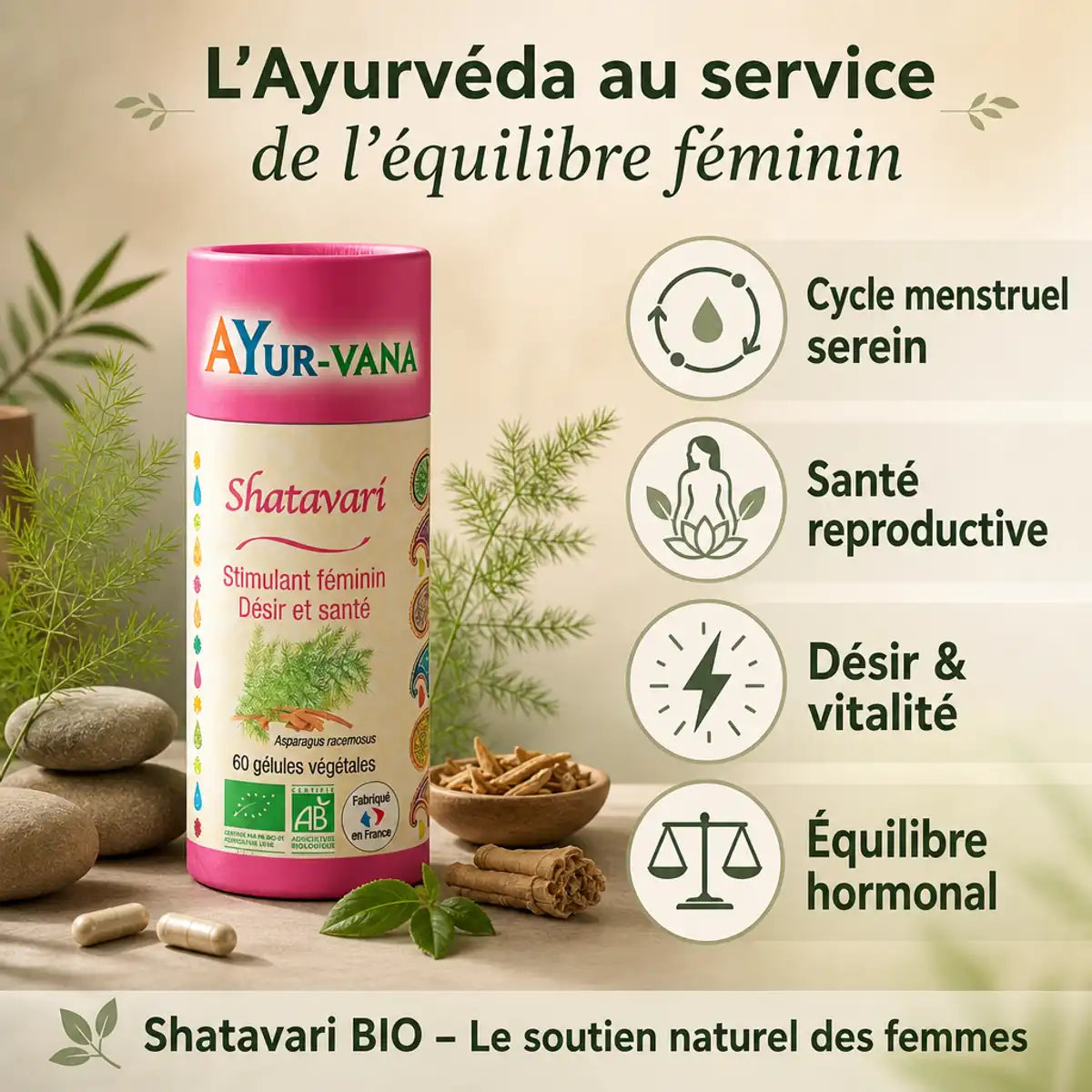 Shatavari bio gélules Ayur-Vana avec bénéfices cycle menstruel, santé reproductive et équilibre hormonal