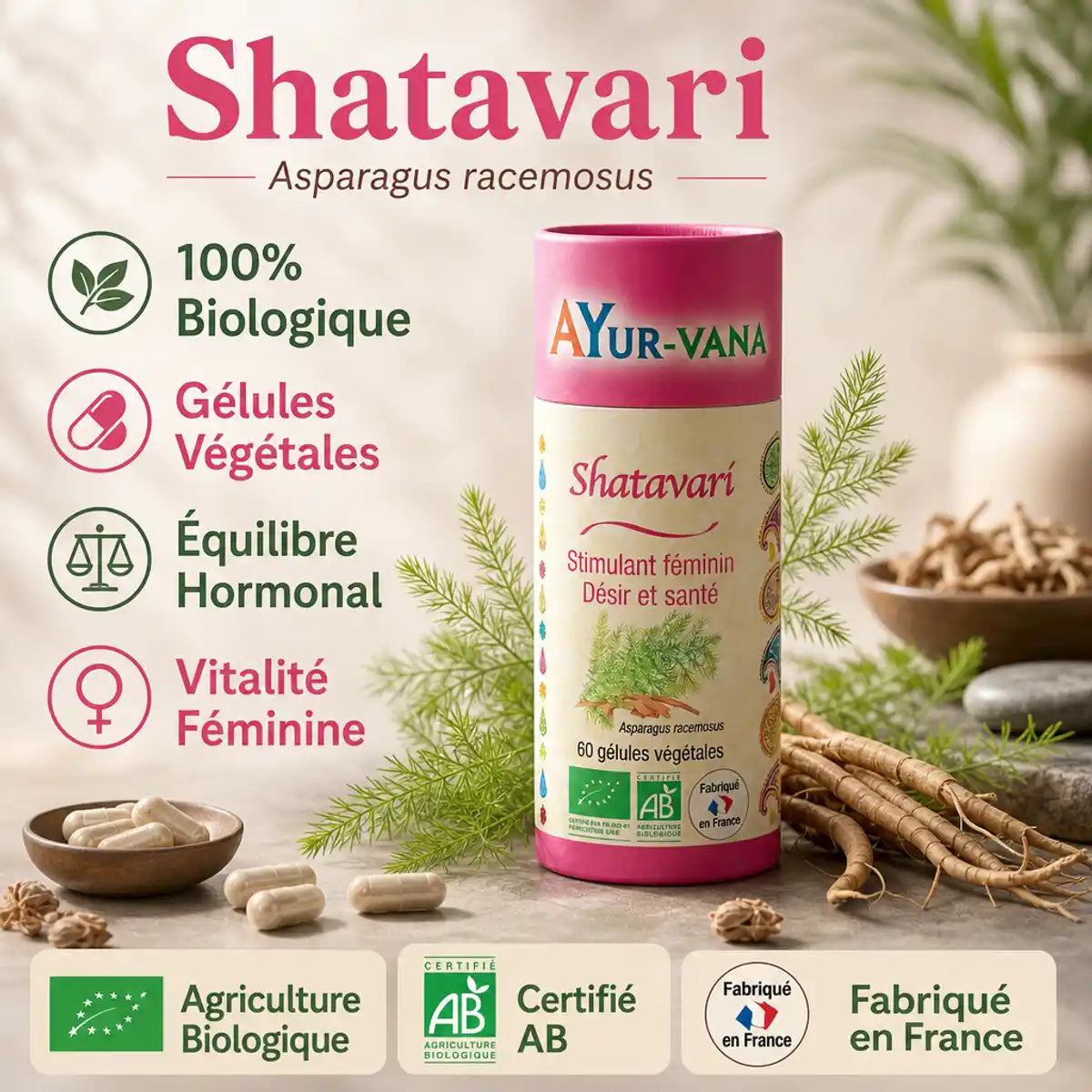 Shatavari bio Ayurvana en gélules avec racine Asparagus racemosus pour équilibre hormonal