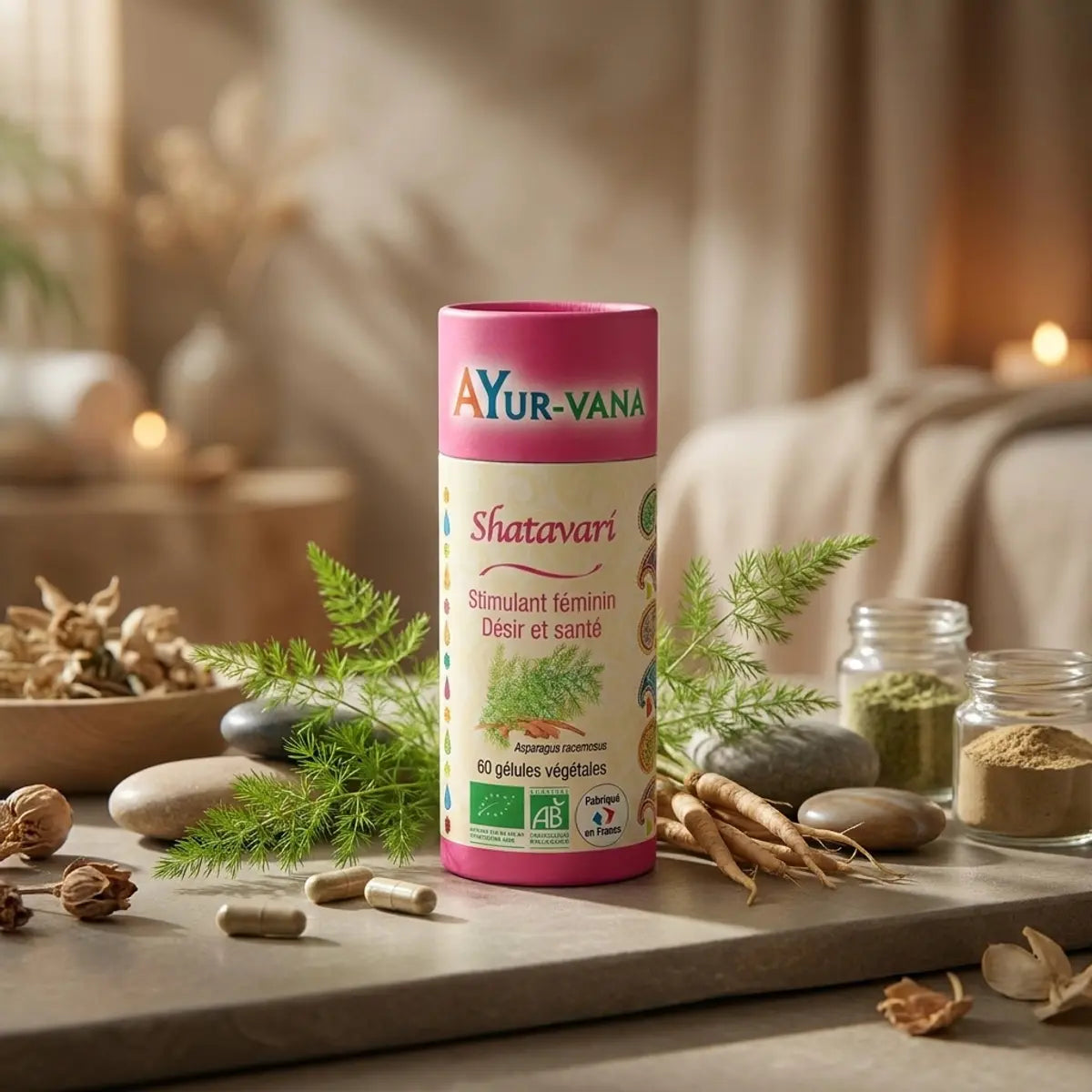 Shatavari bio en gélules Ayur-Vana avec asparagus racemosus frais dans ambiance wellness