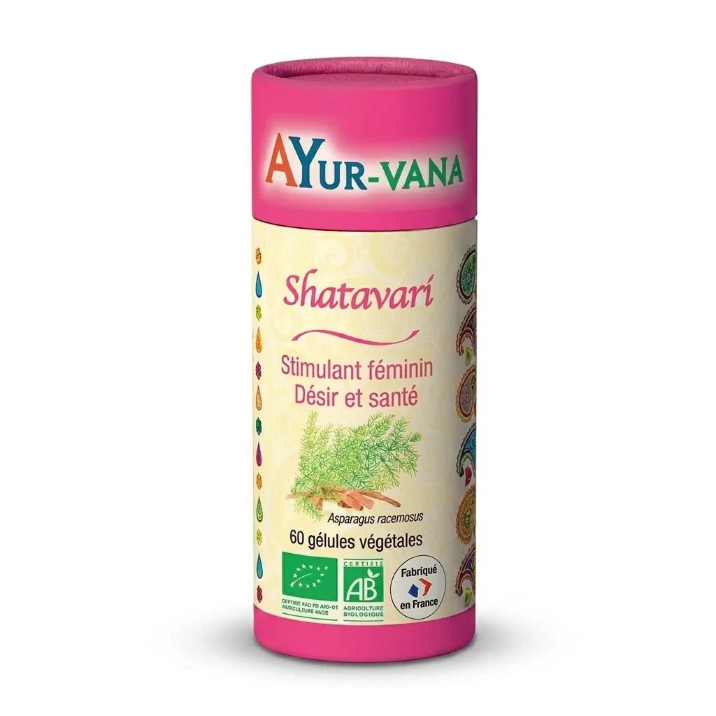 Flacon de gélules Shatavari bio Ayurvana sur fond blanc, complément alimentaire ayurvédique