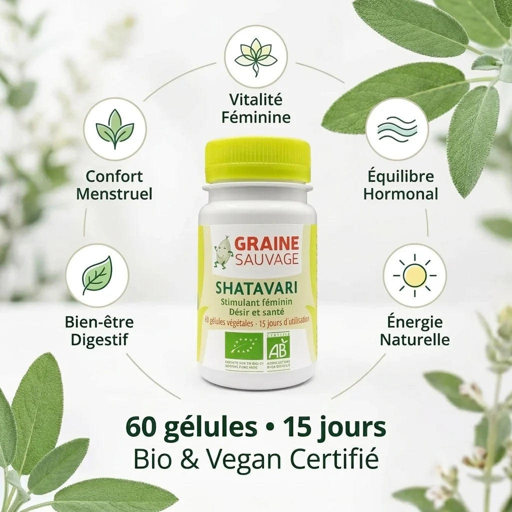 Graine Sauvage Shatavari bio vegan en gélules bouteille blanche cap jaune-vert