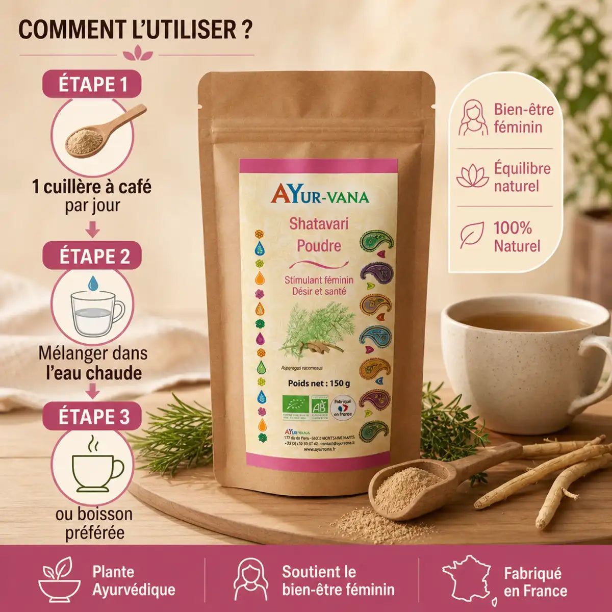 Shatavari bio en poudre Ayurvana 150g avec instructions d'utilisation et dosage recommandé