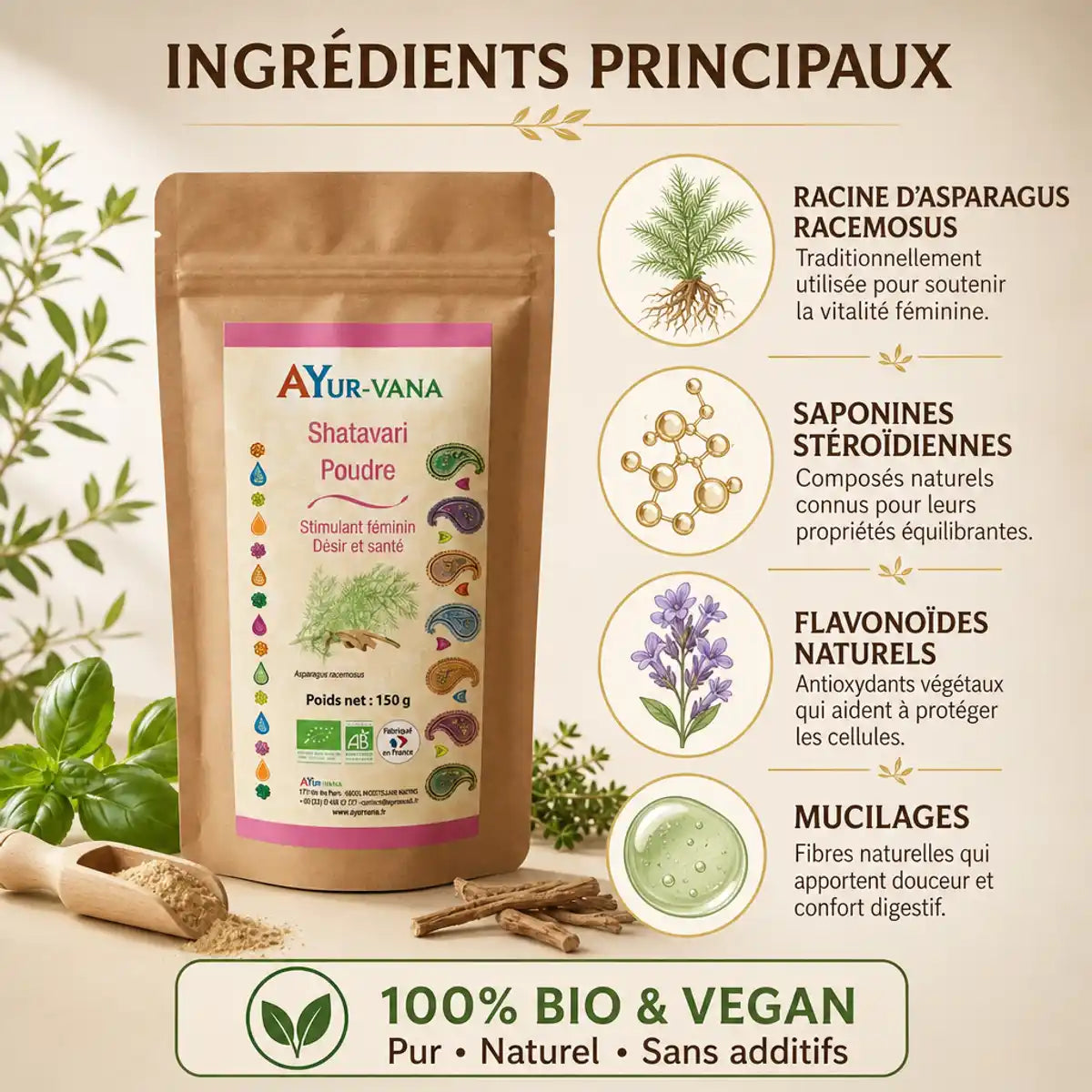 Poudre Shatavari bio 150g Ayurvana avec ingrédients principaux et label vegan