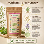 Poudre Shatavari bio 150g Ayurvana avec ingrédients principaux et label vegan