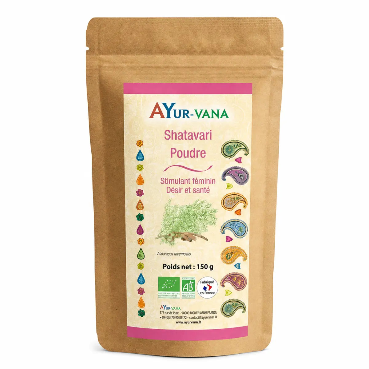 Shatavari bio poudre 150g Ayurvana sachet kraft fond blanc