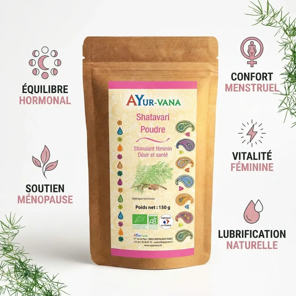 Shatavari bio poudre Ayurvana avec 5 bénéfices : équilibre hormonal, confort menstruel, ménopause