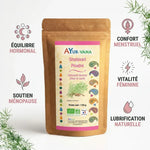 Shatavari bio poudre Ayurvana avec 5 bénéfices : équilibre hormonal, confort menstruel, ménopause