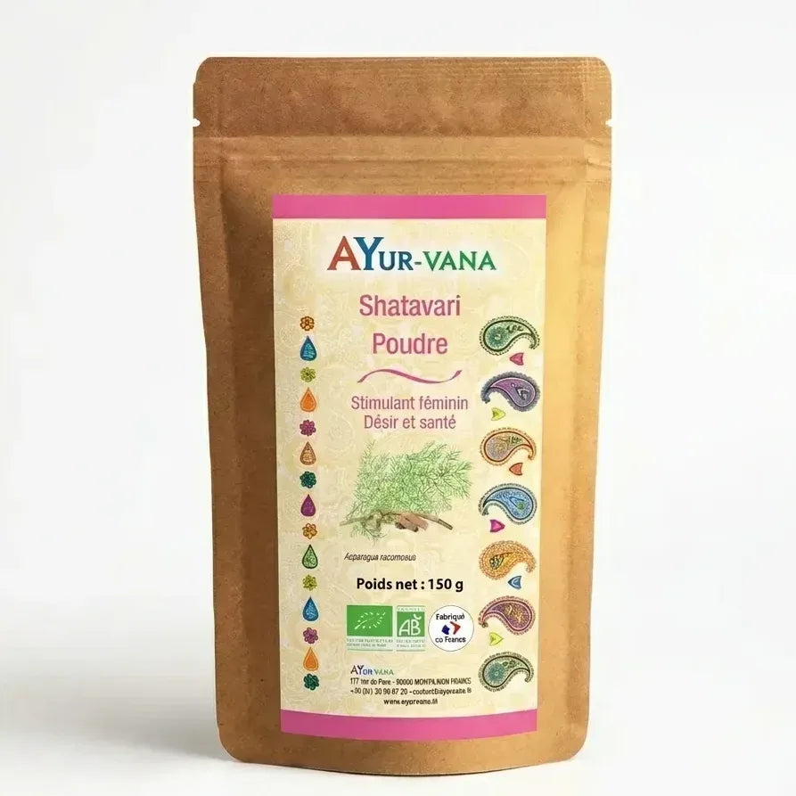 Shatavari bio en poudre Ayurvana dans son emballage kraft rose et crème