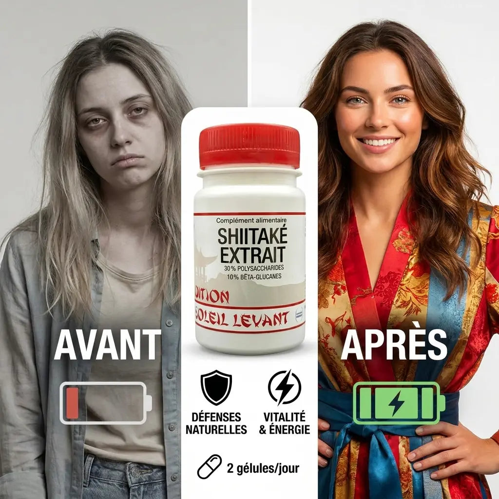 Shiitaké extrait bio avant après: fatigue vs vitalité, gélules défenses naturelles et énergie