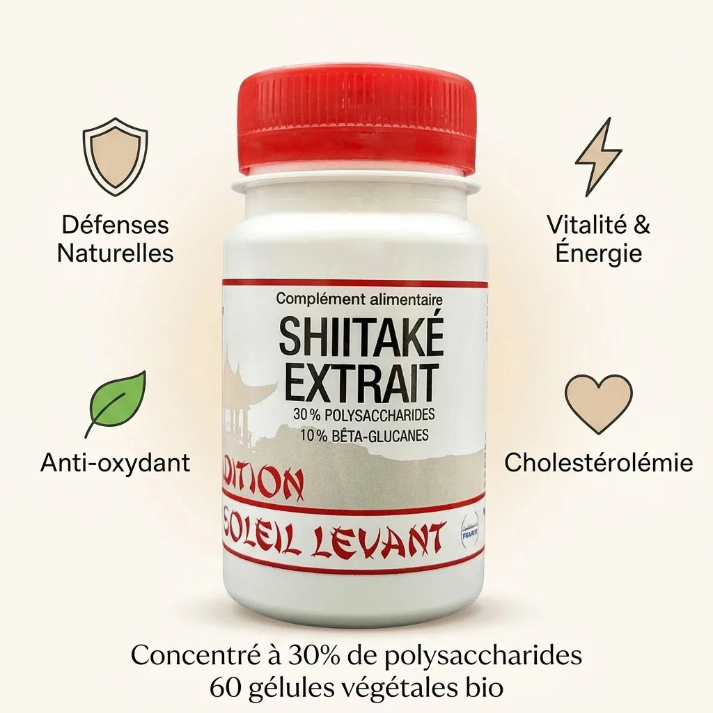 Shiitaké extrait bio 30% polysaccharides en gélules avec infographie des bénéfés santé
