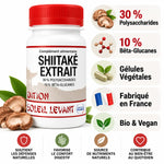 Shiitaké extrait bio vegan en gélules avec infographie ingrédients et bénéfices
