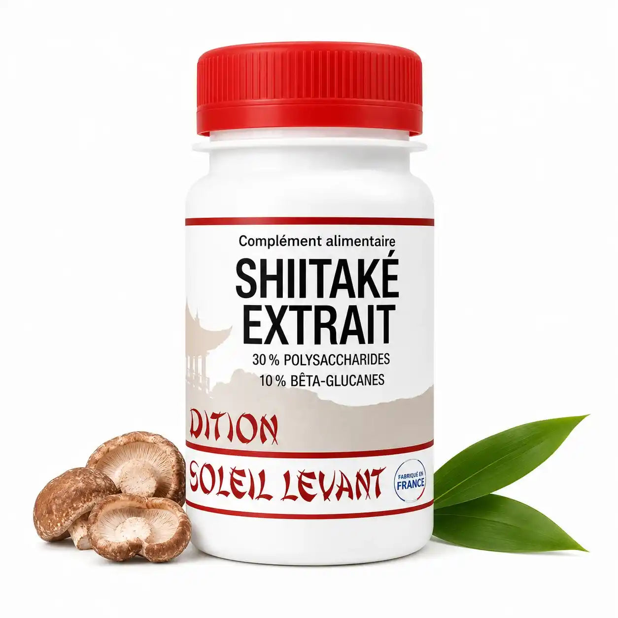 Flacon de Shiitaké extrait bio en gélules avec bouchon rouge, complément alimentaire vegan