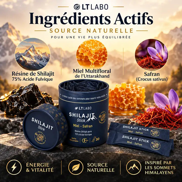 Shilajit stick Miel Safran LT Labo packaging bleu or avec ingrédients actifs Himalaya