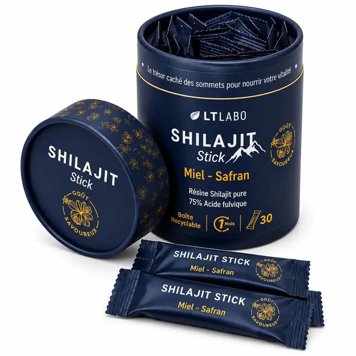 Shilajit en stick miel safran LT Labo x30 - Packaging et bâtonnets individuels