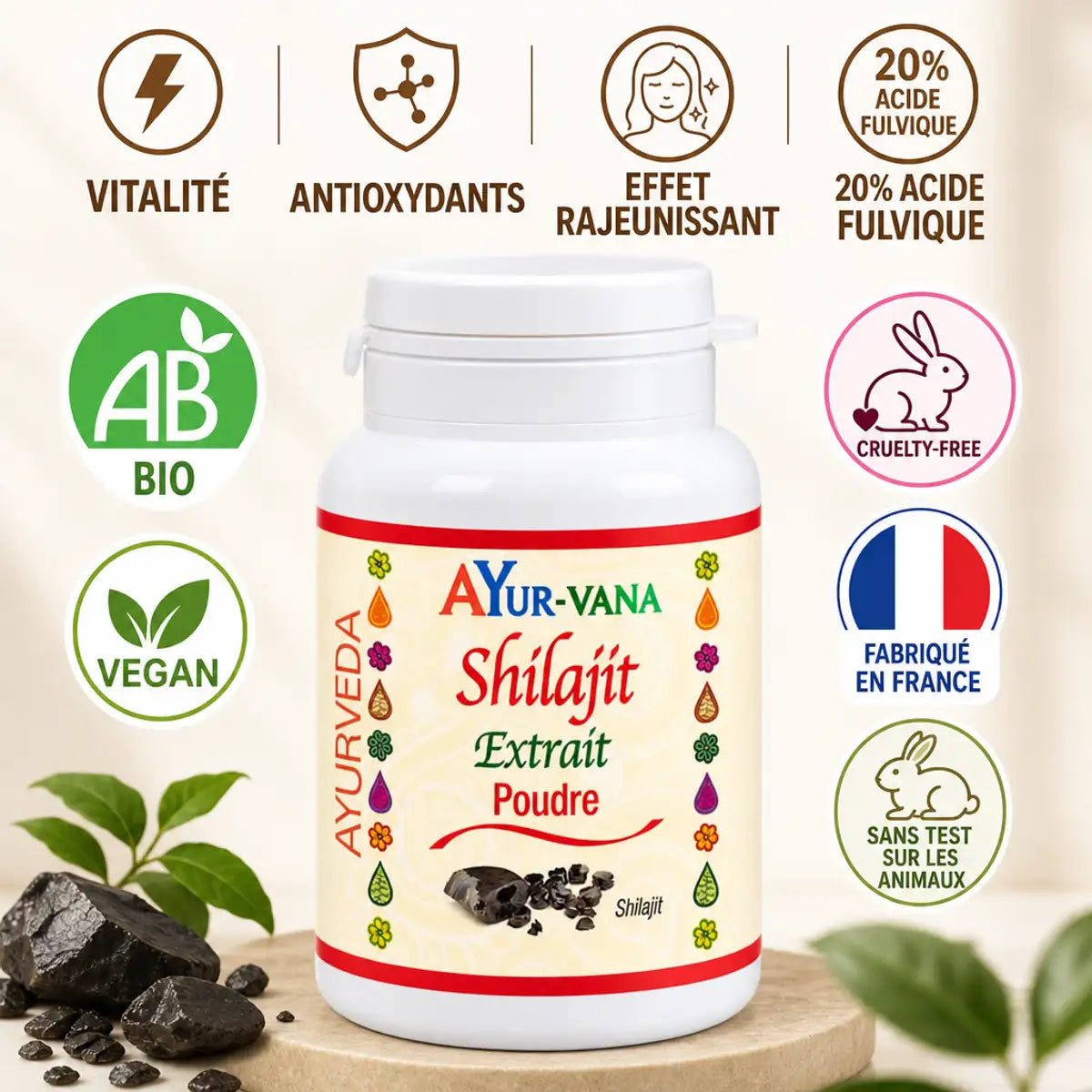 Shilajit poudre AYur-vana 100g certifié bio avec badges vegan et fabriqué France