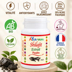 Shilajit poudre AYur-vana 100g certifié bio avec badges vegan et fabriqué France