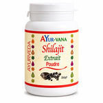 Flacon Shilajit extrait poudre 100g Ayur-vana sur fond blanc, complément ayurvédique