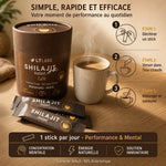 Shilajit instant café LT Labo 30 sticks avec guide d'utilisation en 3 étapes et tasse préparée