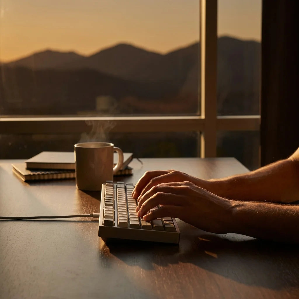 Entrepreneur travaillant au bureau avec café Shilajit instant, productivité matinale et énergie naturelle
