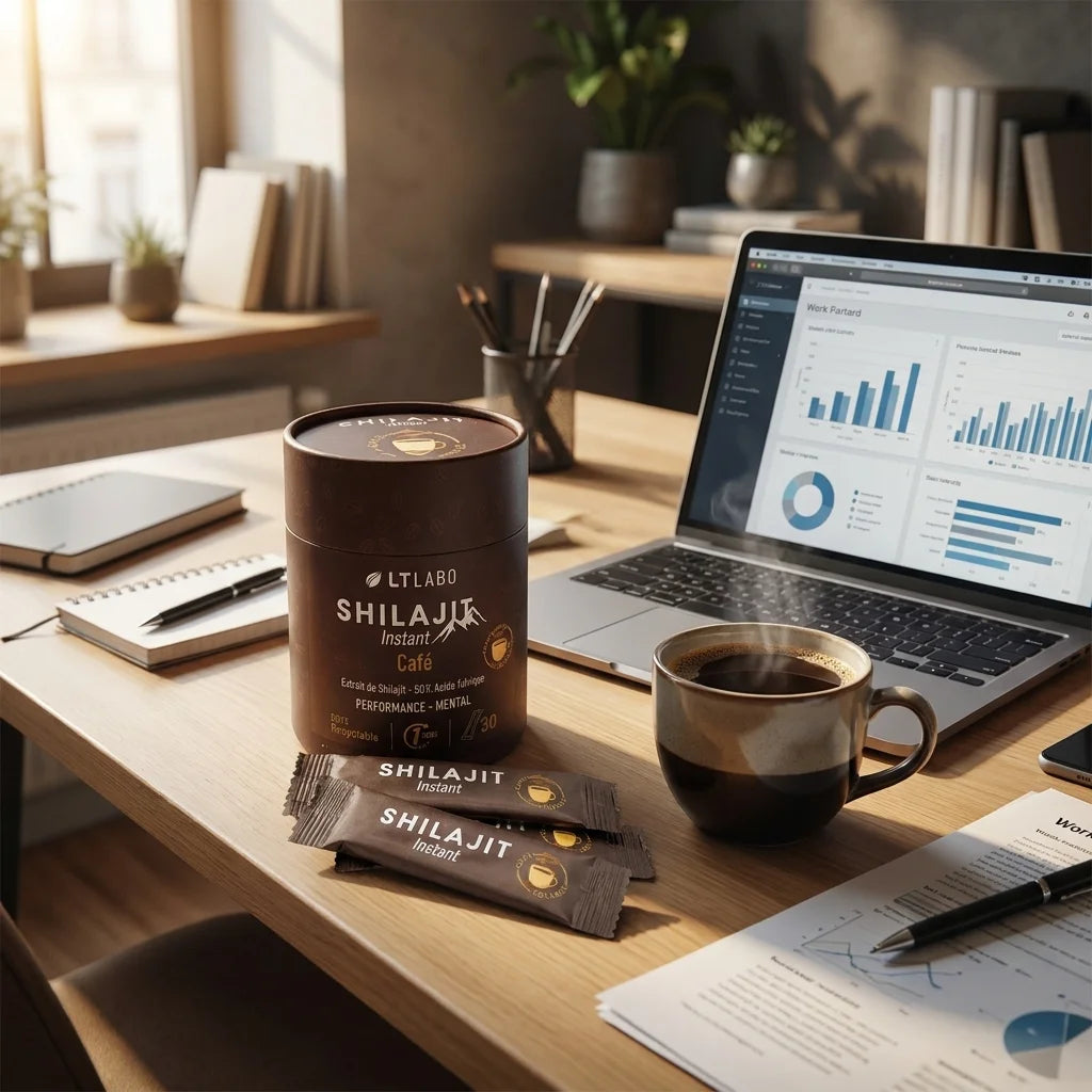 Shilajit instant café LT Labo 30 sticks sur bureau avec tasse de café fumante et ordinateur portable