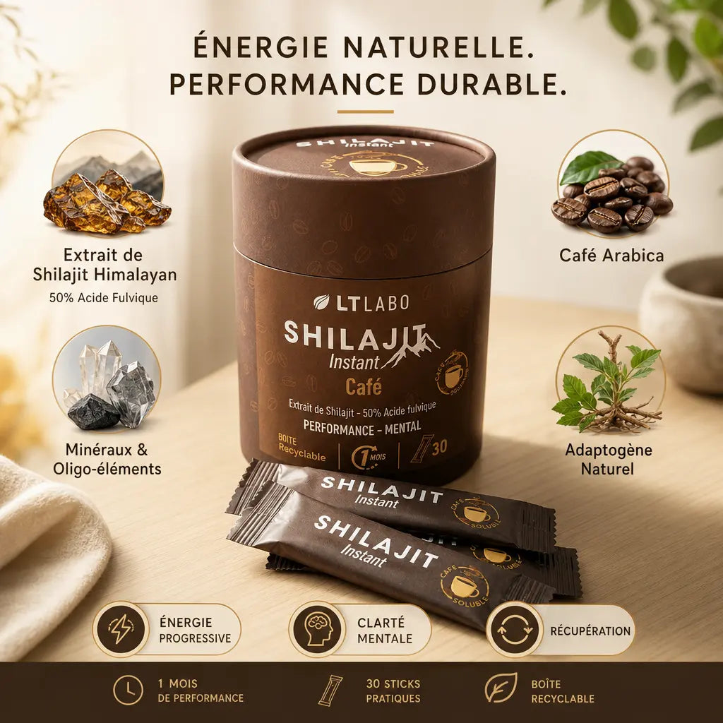 Shilajit instant café 30 sticks LT Labo packaging avec ingrédients et bénéfices énergétiques
