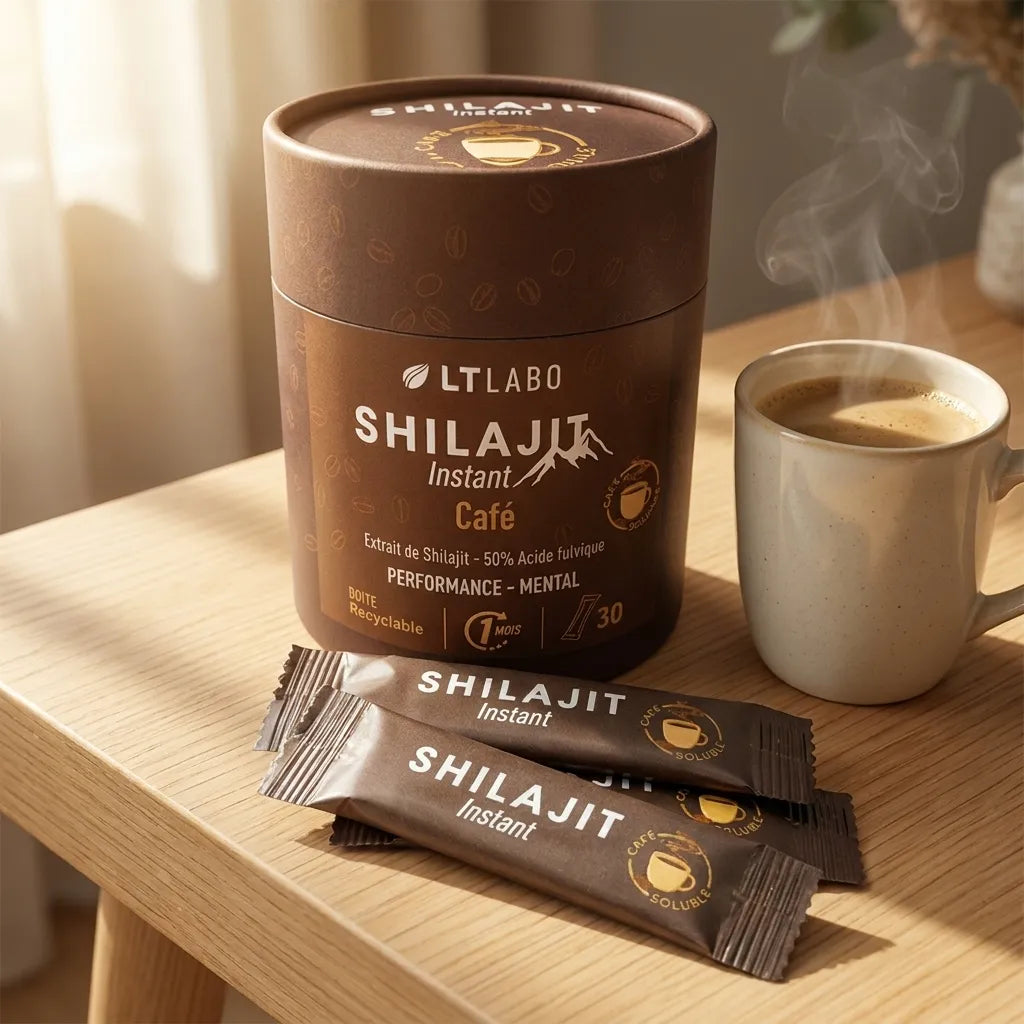 Shilajit instant café LT Labo 30 sticks avec tasse de café sur bureau bois