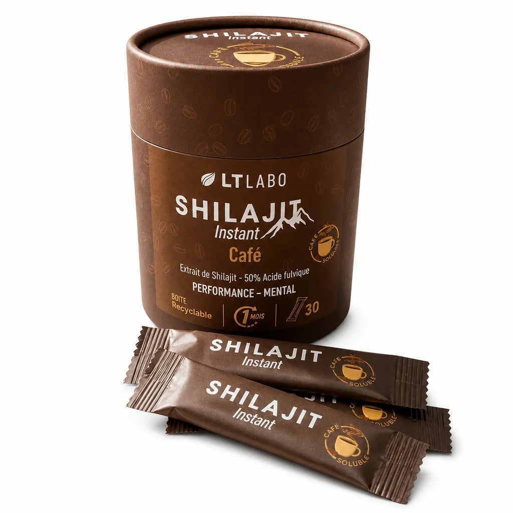 Shilajit instant café LT Labo - Boîte et sachets sur fond blanc