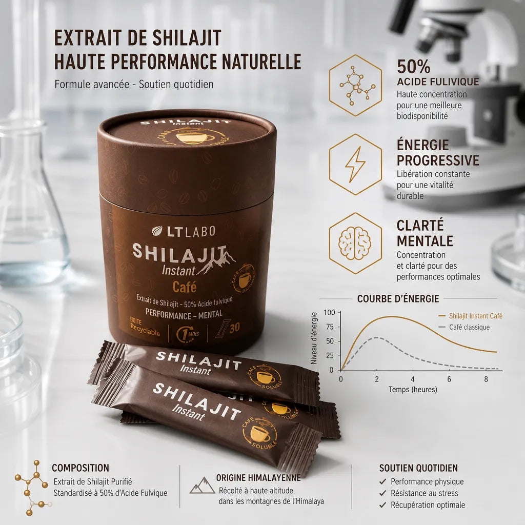 Shilajit instant café LT Labo 30 sticks - boîte produit avec infographies scientifiques