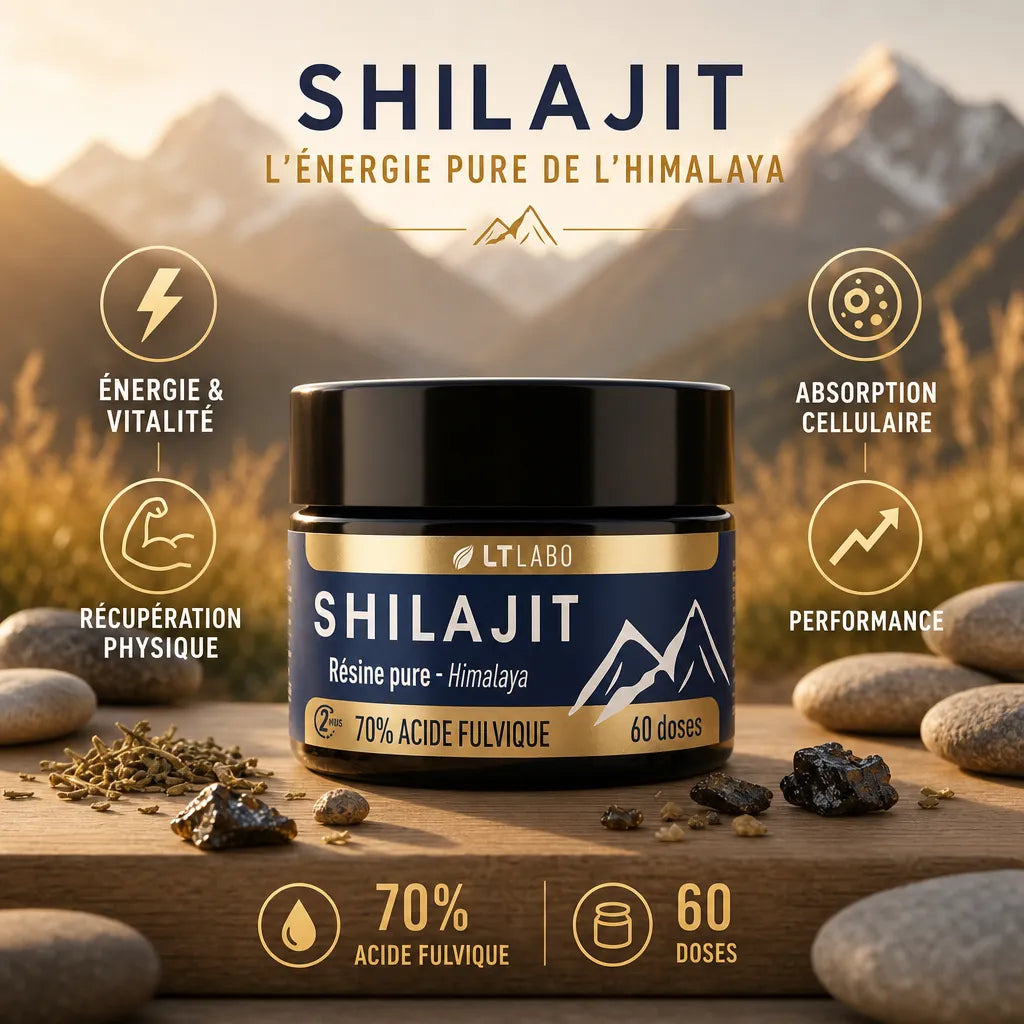 Shilajit résine 70% acide fulvique LT Labo avec bénéfices énérgie, récupération et performance