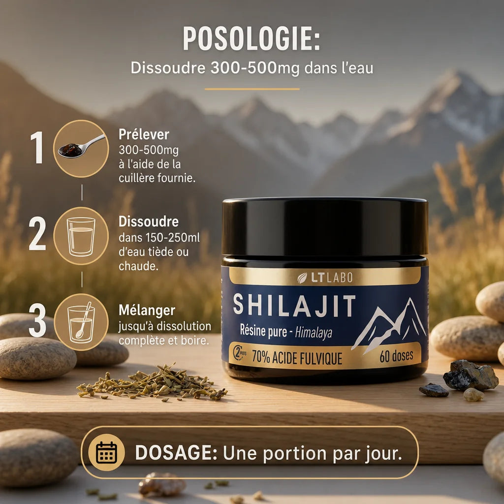 Shilajit résine 70% acide fulvique LT Labo 30g avec posologie et instructions d'utilisation