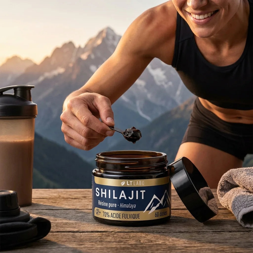Shilajit résine LT Labo 70% acide fulvique utilisé post-workout pour récupération naturelle