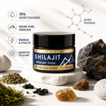 Shilajit résine 70% acide fulvique LT Labo 30g avec cristaux Himalaya et structure moléculaire