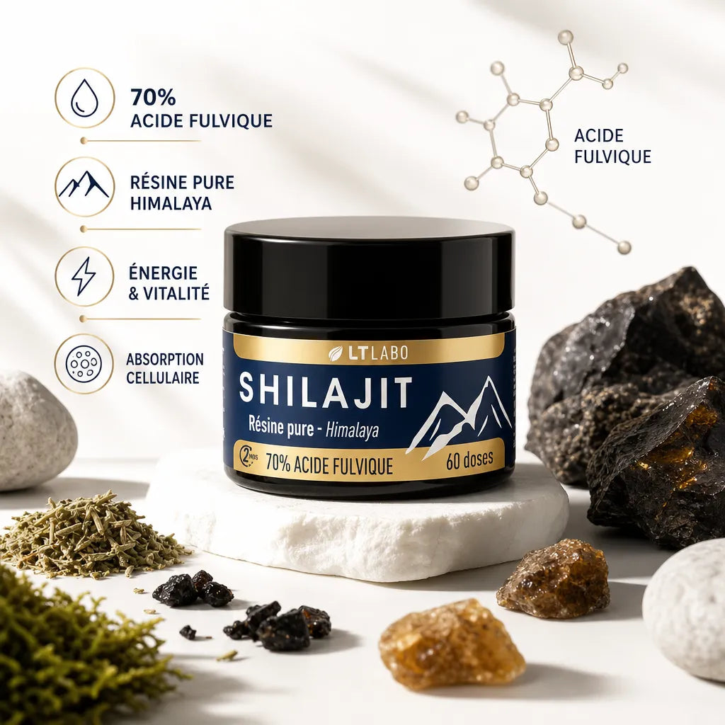 Shilajit résine 70% acide fulvique LT Labo 30g avec cristaux Himalaya et structure moléculaire