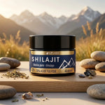 Shilajit résine LT Labo 70% acide fulvique 30g sur fond montagneux avec éléments naturels